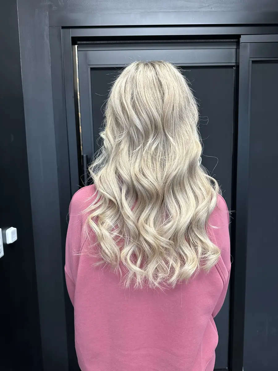 After: full length blonde hand-tied extensions, Clovis CA