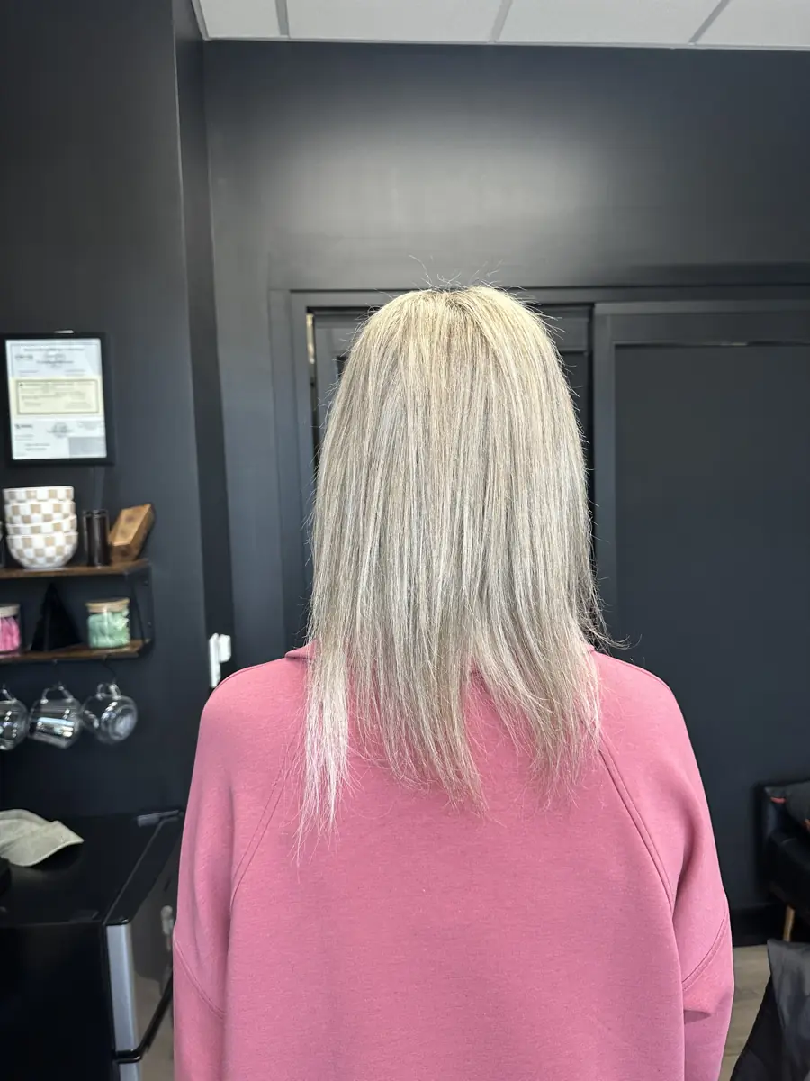 Before: fine shoulder-length blonde hair, Clovis extension client