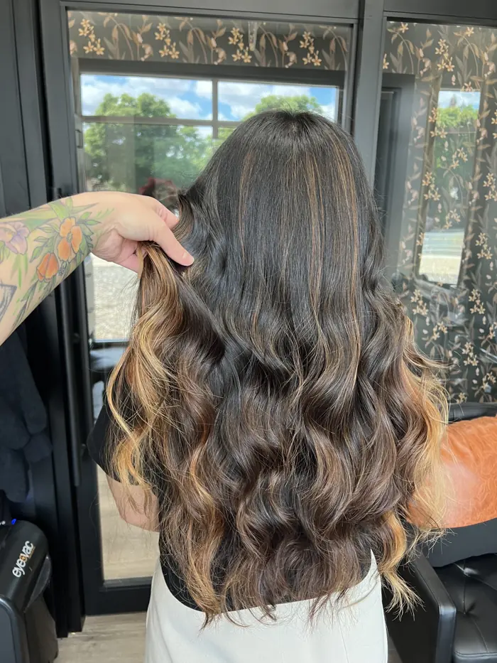 Dimensional brunette color with copper ends, Fresno area