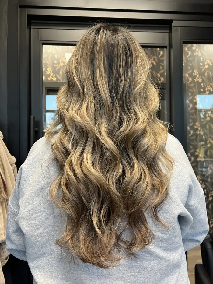 Bronde dimensional color with hand-tied extensions, Clovis CA
