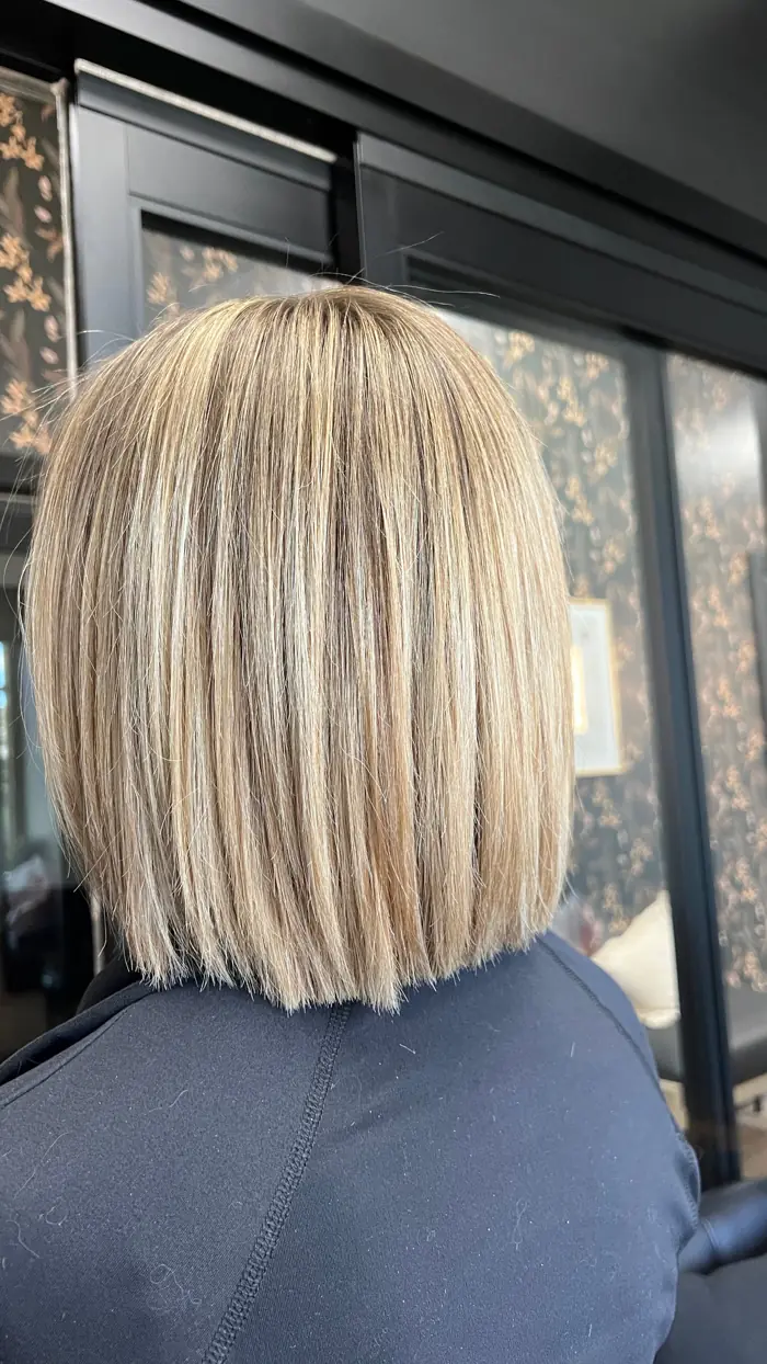 Blonde highlighted bob with smooth glossy finish, Clovis hair studio